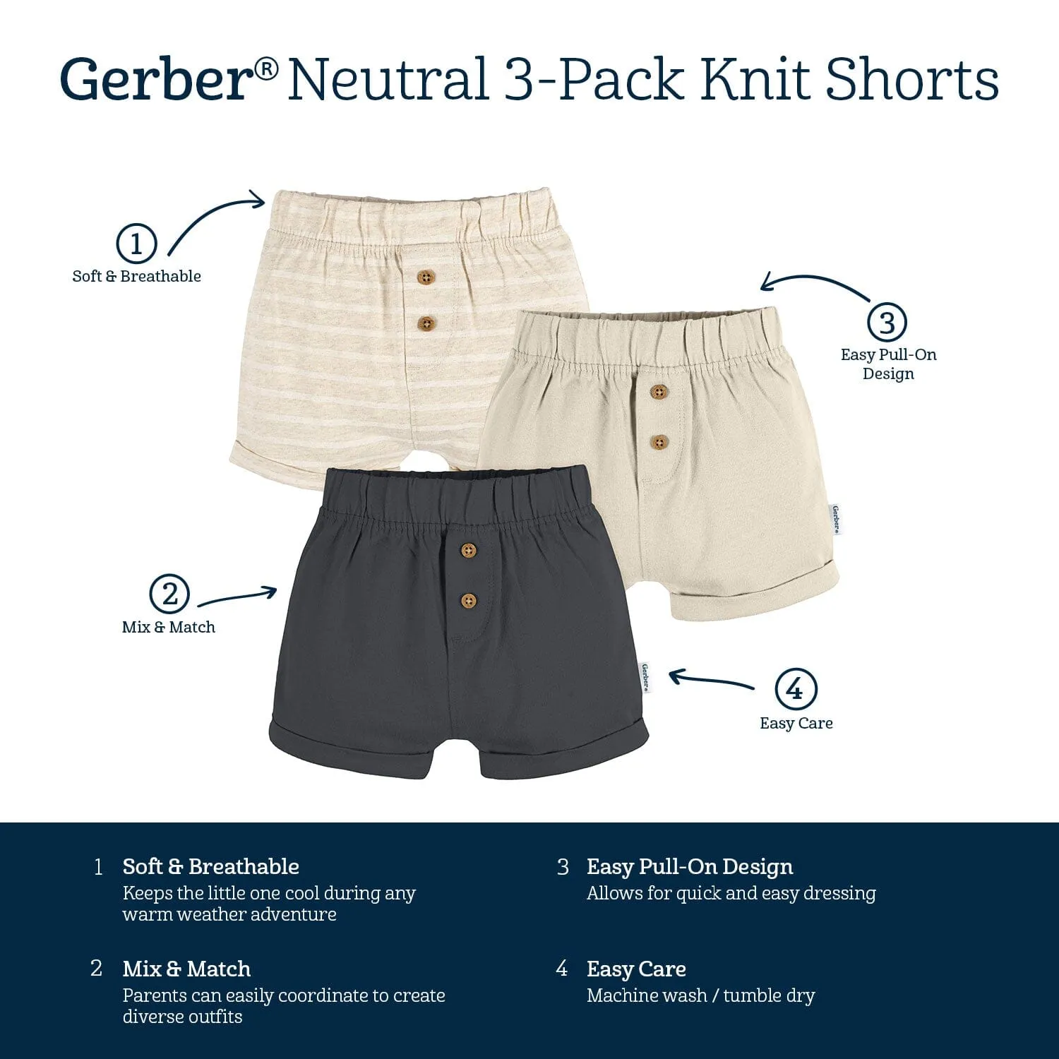 3-Pack Baby Neutral Tan Stripe, Tan, & Grey Knit Shorts