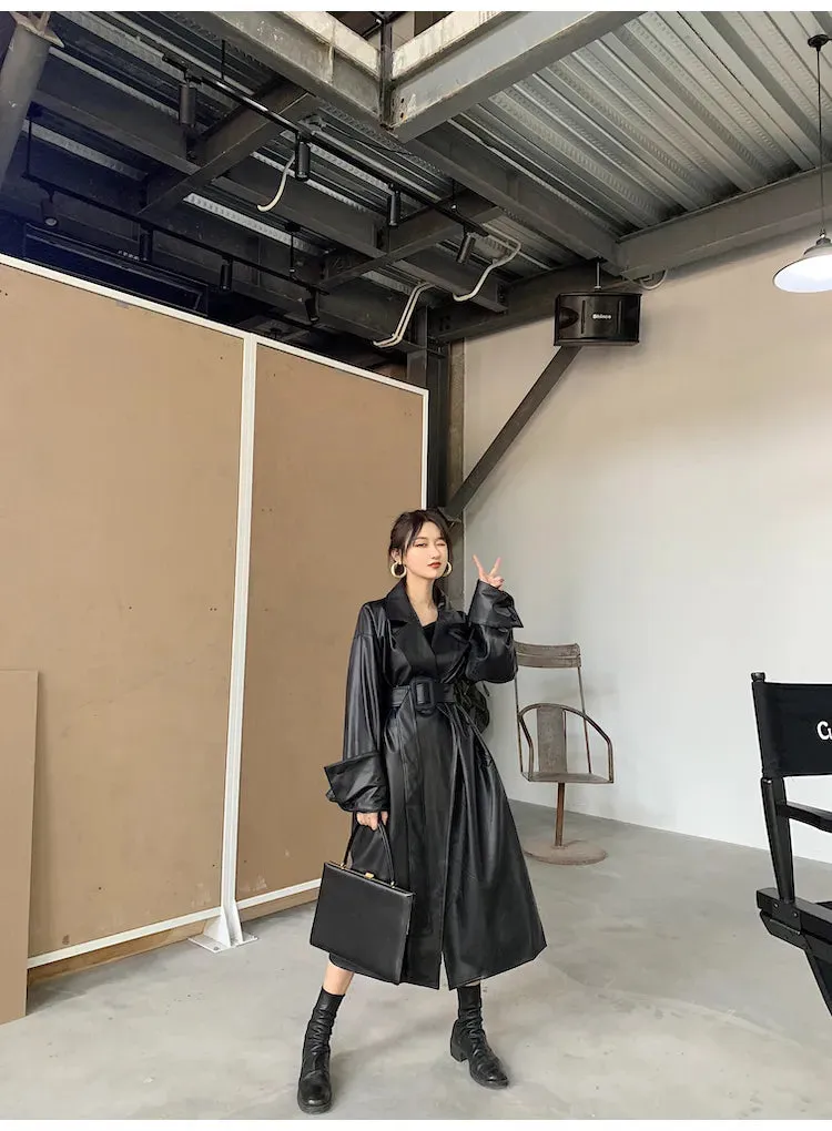 Amelia Luxe Long Leather Trench Coat