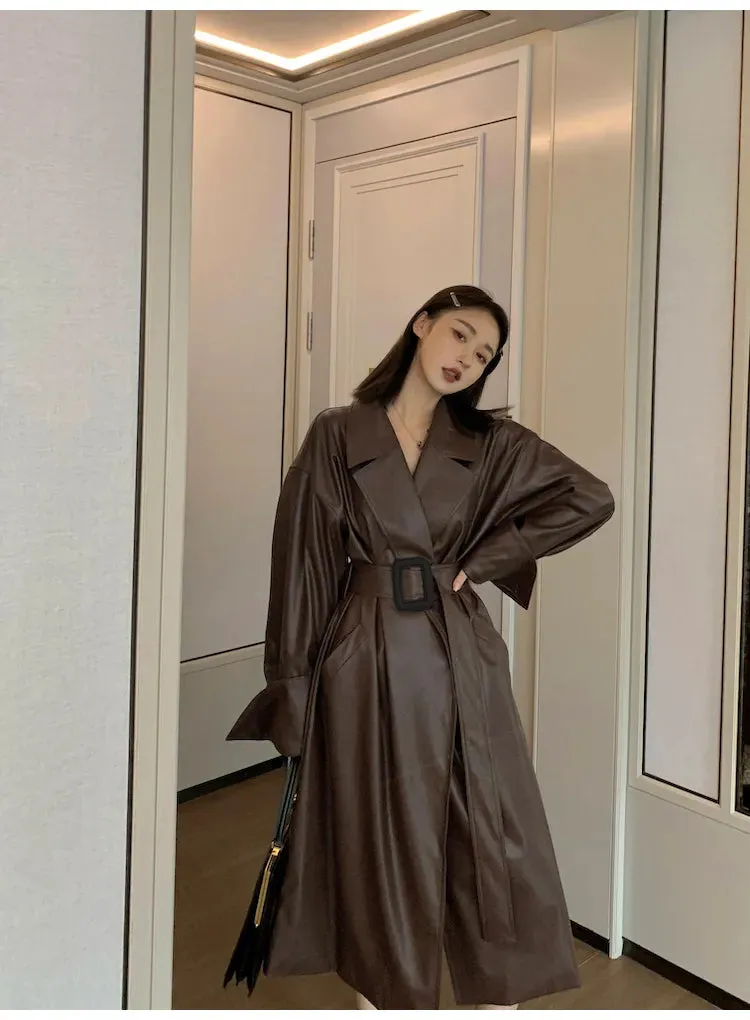 Amelia Luxe Long Leather Trench Coat