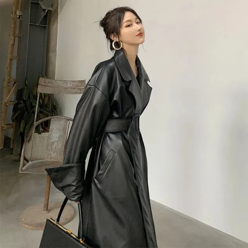 Amelia Luxe Long Leather Trench Coat