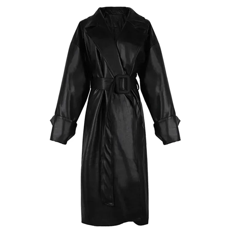 Amelia Luxe Long Leather Trench Coat