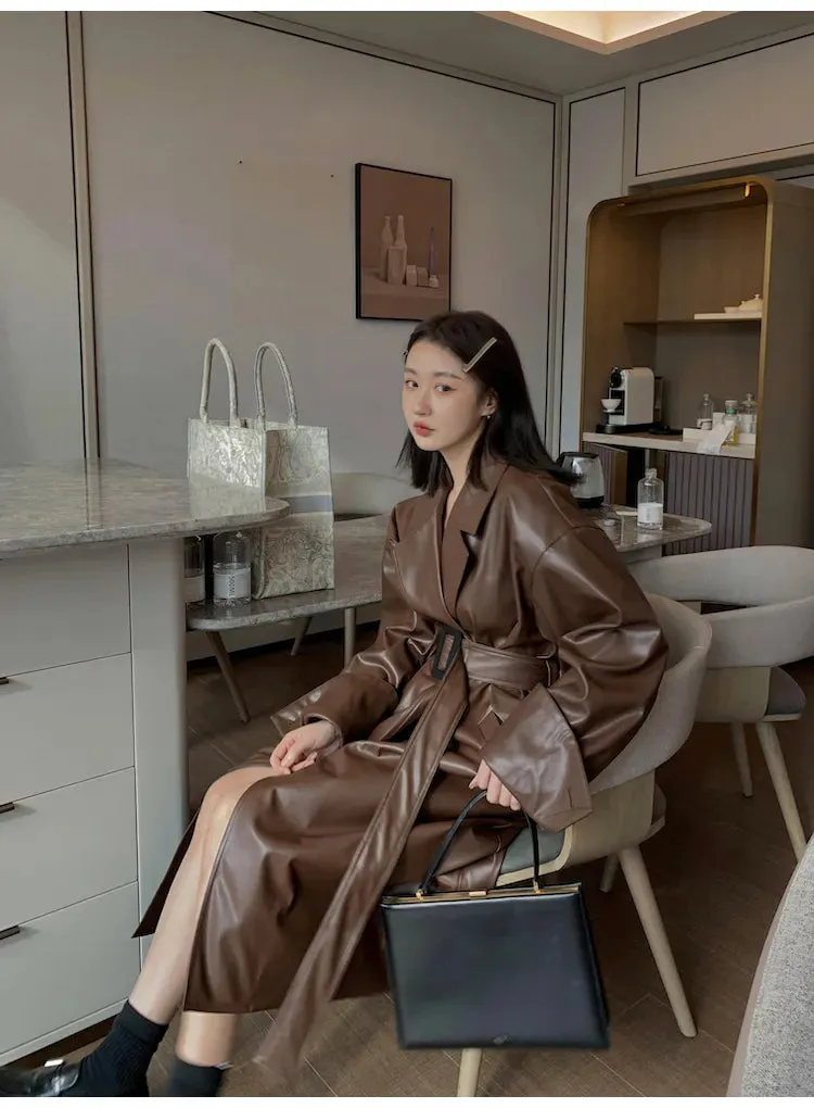 Amelia Luxe Long Leather Trench Coat