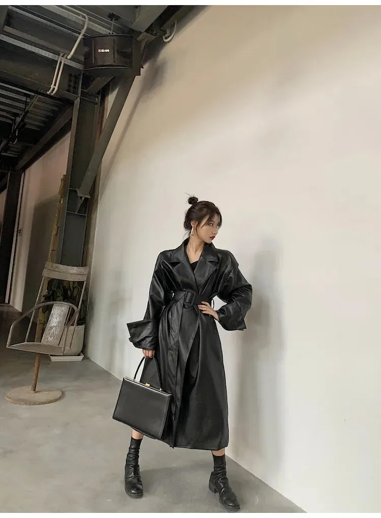 Amelia Luxe Long Leather Trench Coat