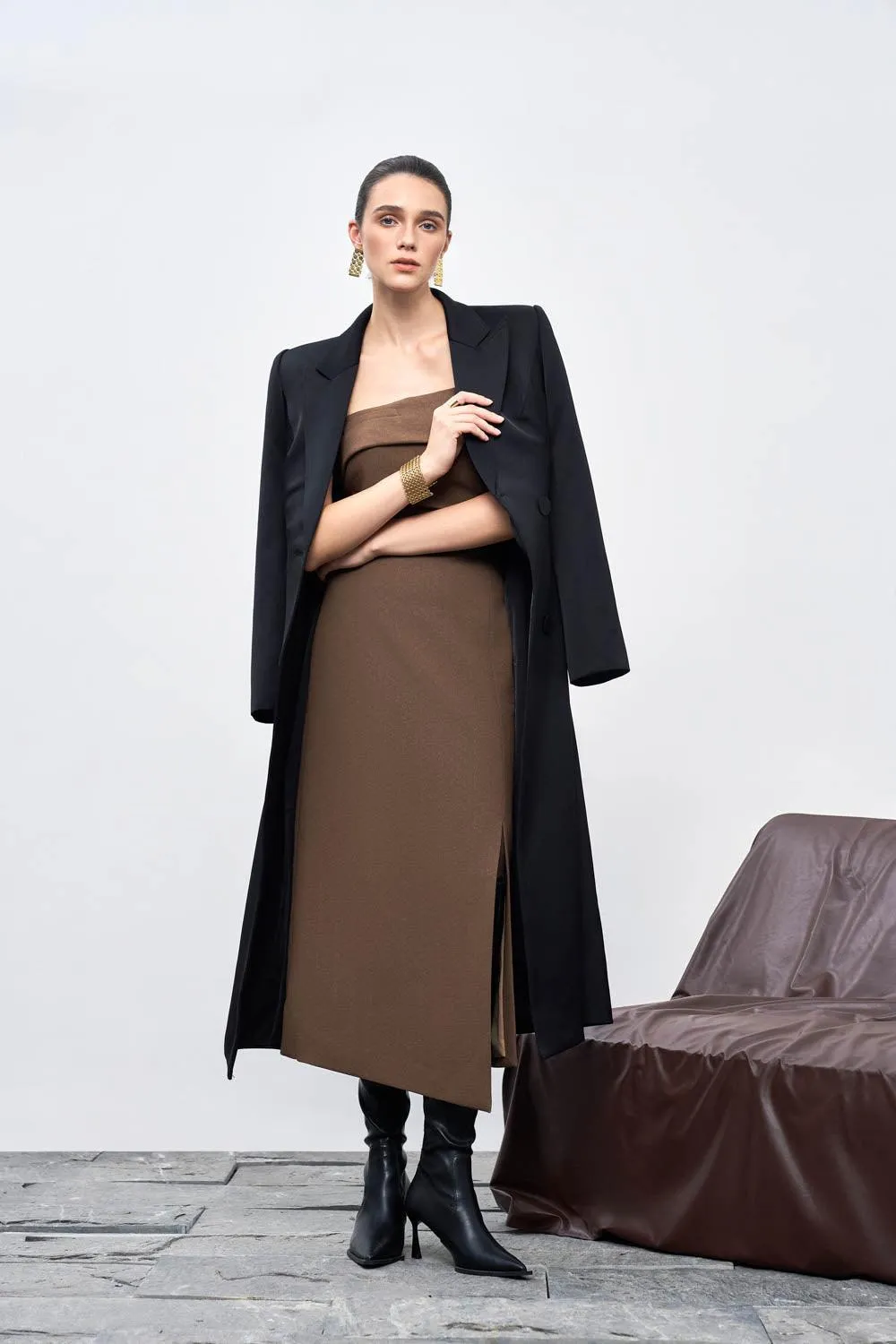 Audrey A-line Notch Lapel Taffeta Calf Length Trench Coat