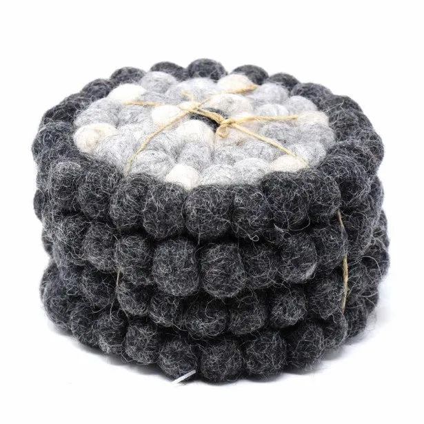 Black & Grey Flower Felt Ball Coasters (Set of 4) - Fair Trade & Handmade in Nepal