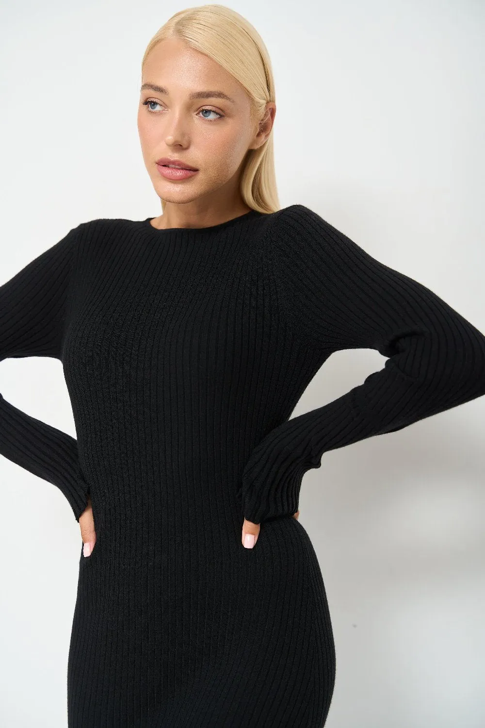 Black Long Sleeve Ribbed Knit Midi Dress