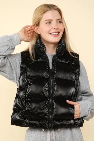 Black Shiny Metallic Zip Up Puffer Vest