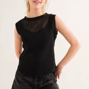 Black Summer Mesh Inset Knit Top