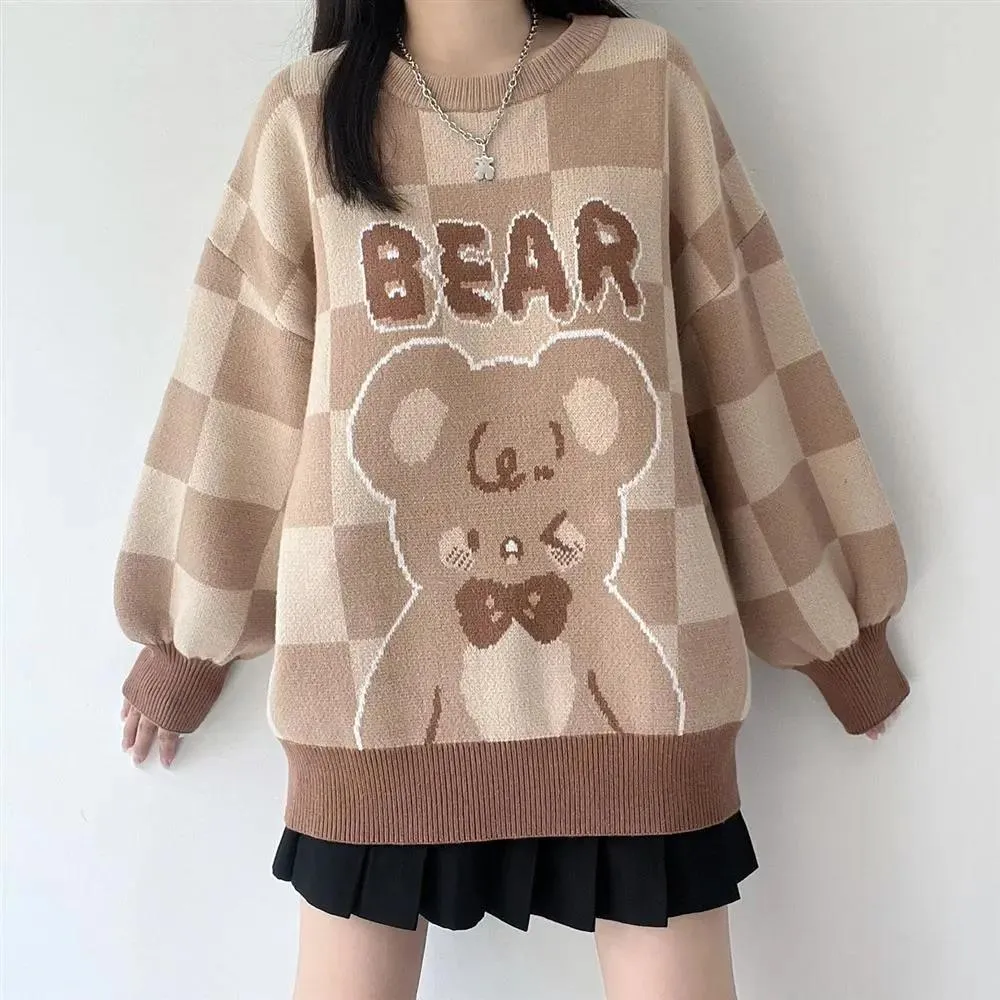 Brown Plaid Bear Knit Sweater