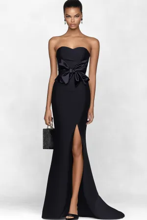 Duchess Satin Mermaid Bow Strapless Black Formal Dress with Slit