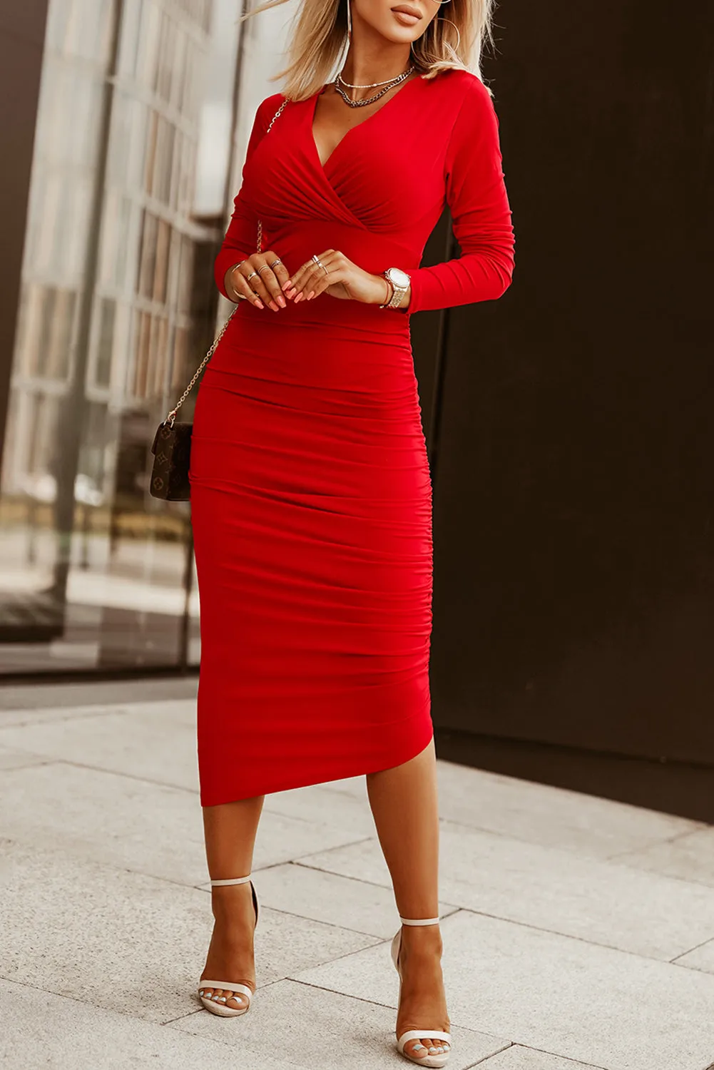 Fiery Red Long Sleeves Wrap V Neck Ruched Sheath Bodycon Dress | Women