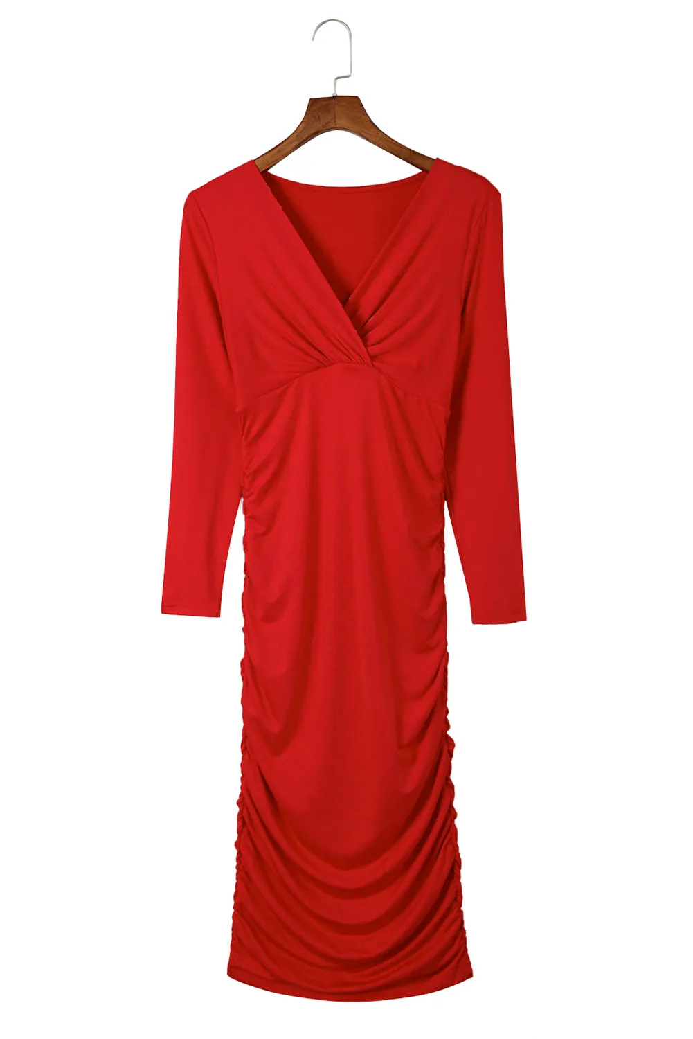 Fiery Red Long Sleeves Wrap V Neck Ruched Sheath Bodycon Dress | Women