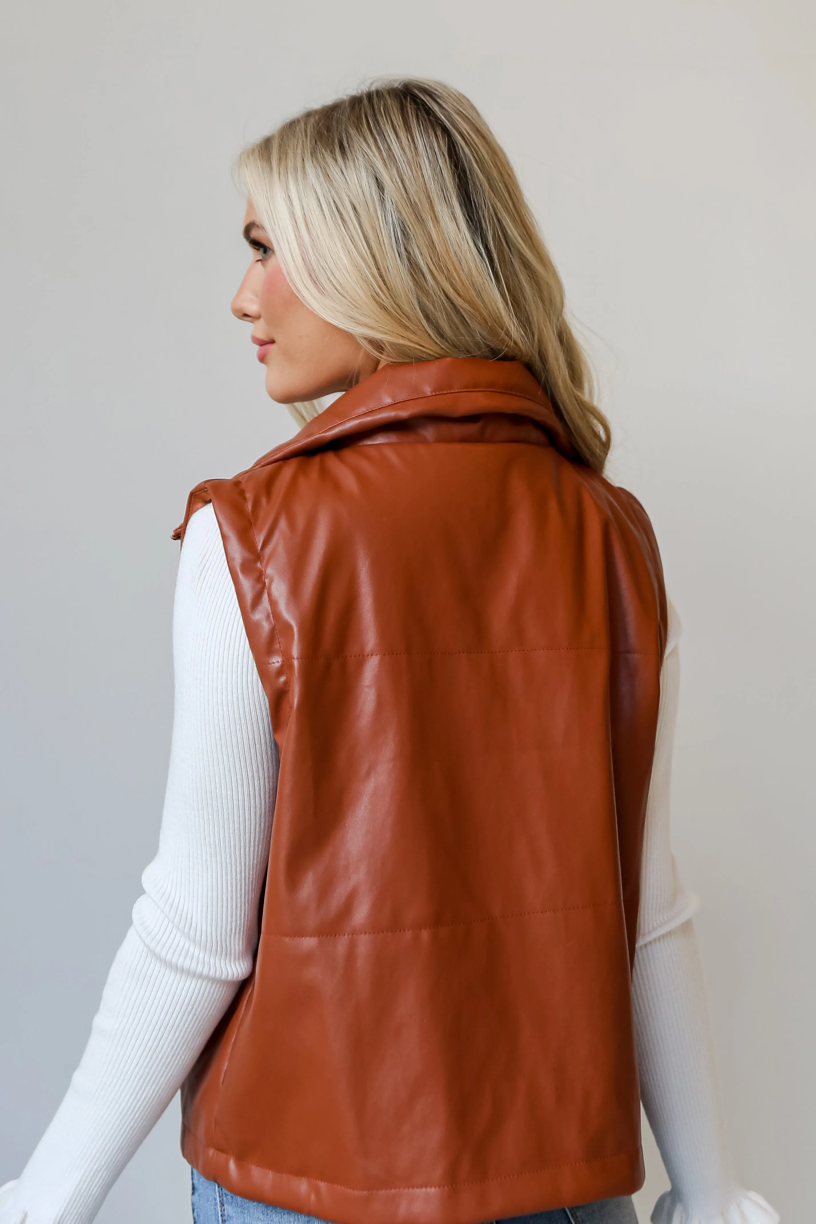 FINAL SALE - Coolest Demeanor Camel Leather Puffer Vest