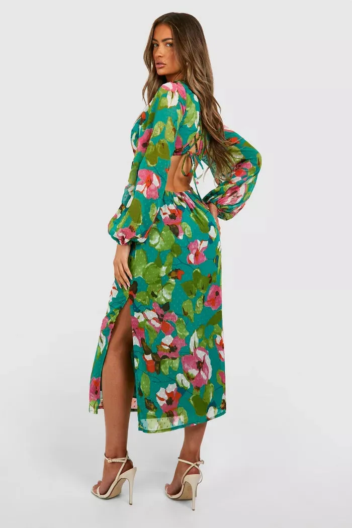 Floral dobby ruffle maxi dress in green