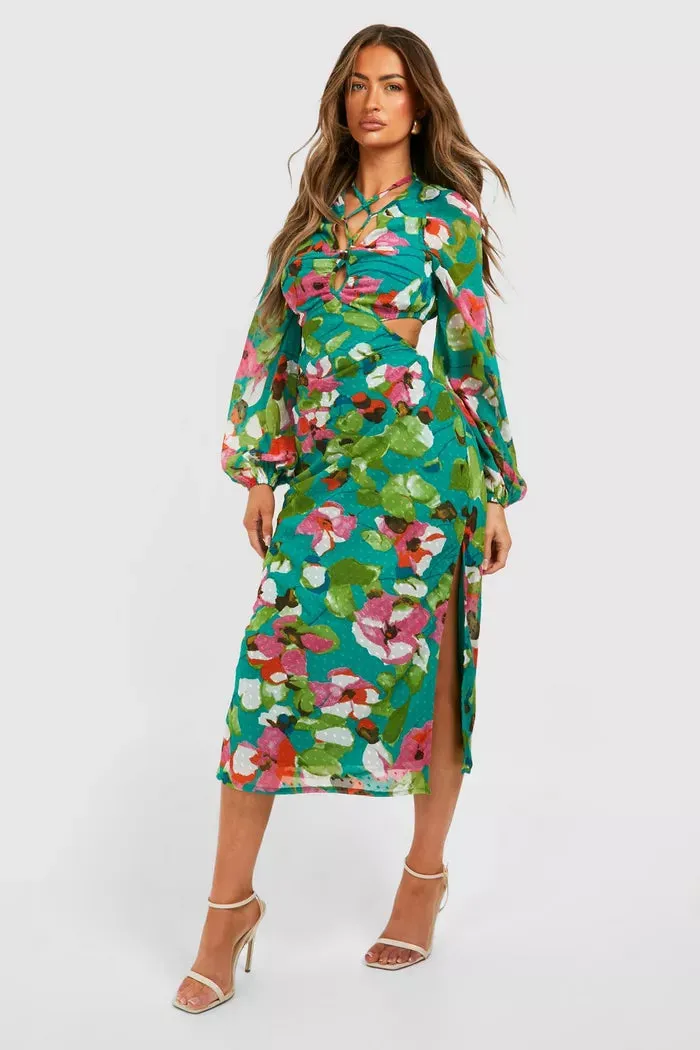 Floral dobby ruffle maxi dress in green