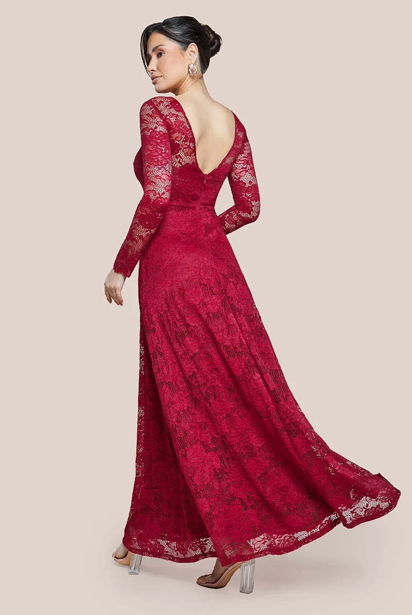 Goddiva Scalloped Lace A-Line Maxi Dress - Wine