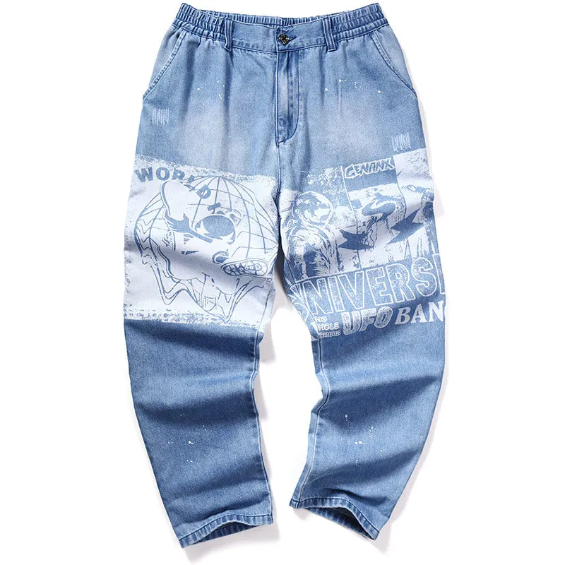 Hip Pop Portrait Print Loose Harem Denim Jeans