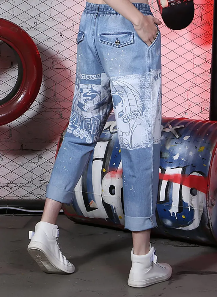 Hip Pop Portrait Print Loose Harem Denim Jeans