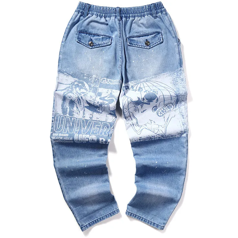 Hip Pop Portrait Print Loose Harem Denim Jeans