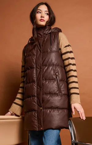 Hooded Faux Leather Puffer Vest