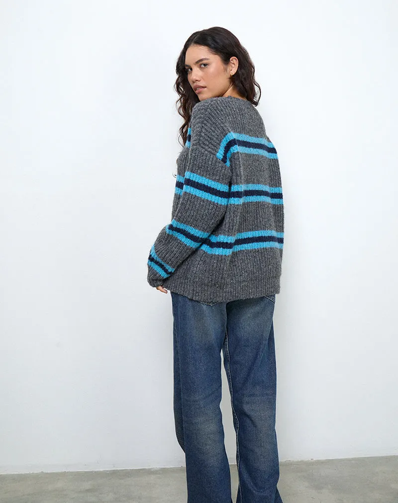 Lunet Knitted Jumper in Stripe Grey and Blue