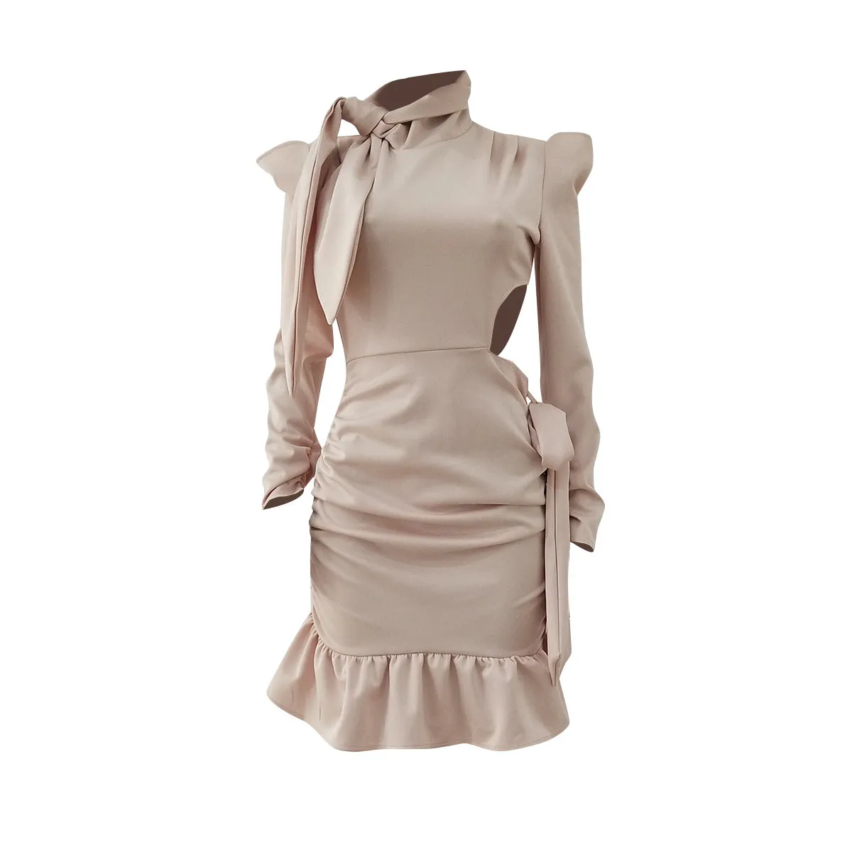 MB FASHION Elegant Bow-Tie Long Sleeve Ruffle Hem Bodycon Dress 5462