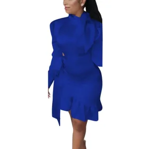 MB FASHION Elegant Bow-Tie Long Sleeve Ruffle Hem Bodycon Dress 5462