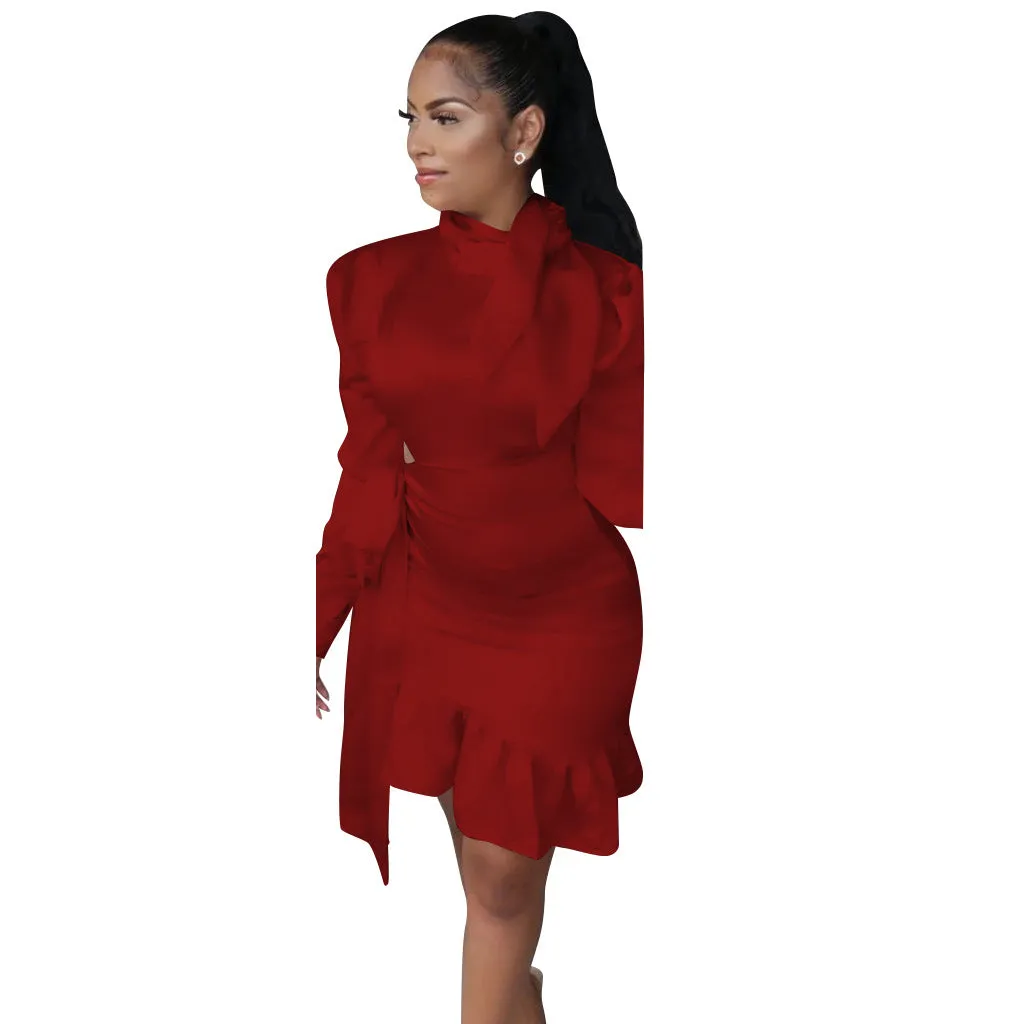 MB FASHION Elegant Bow-Tie Long Sleeve Ruffle Hem Bodycon Dress 5462