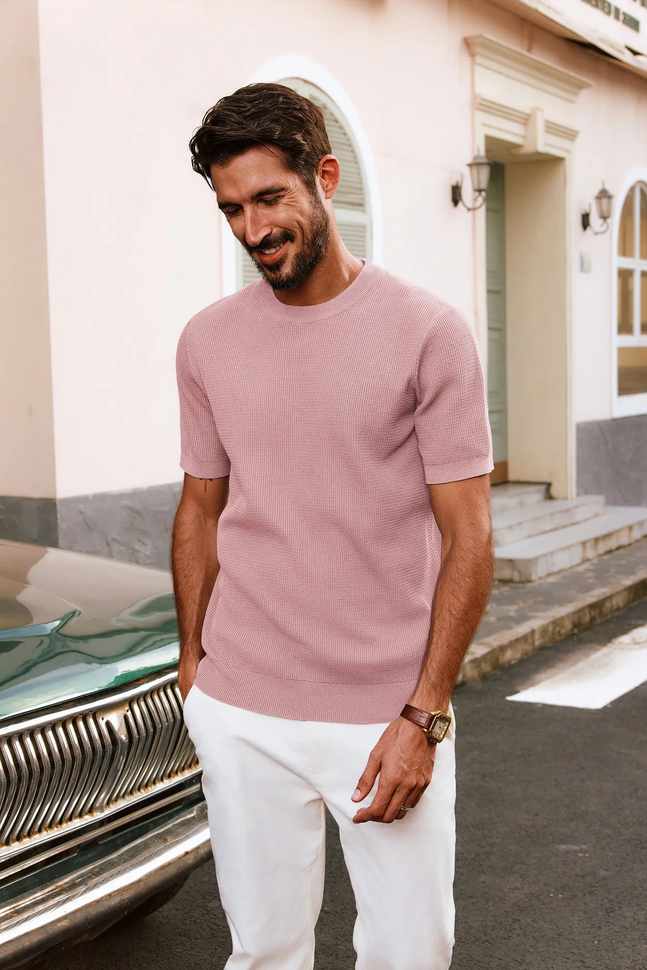 Men Basic Textured Knitted T-Shirt Short Sleeve Crew Neck Tops Knitwear