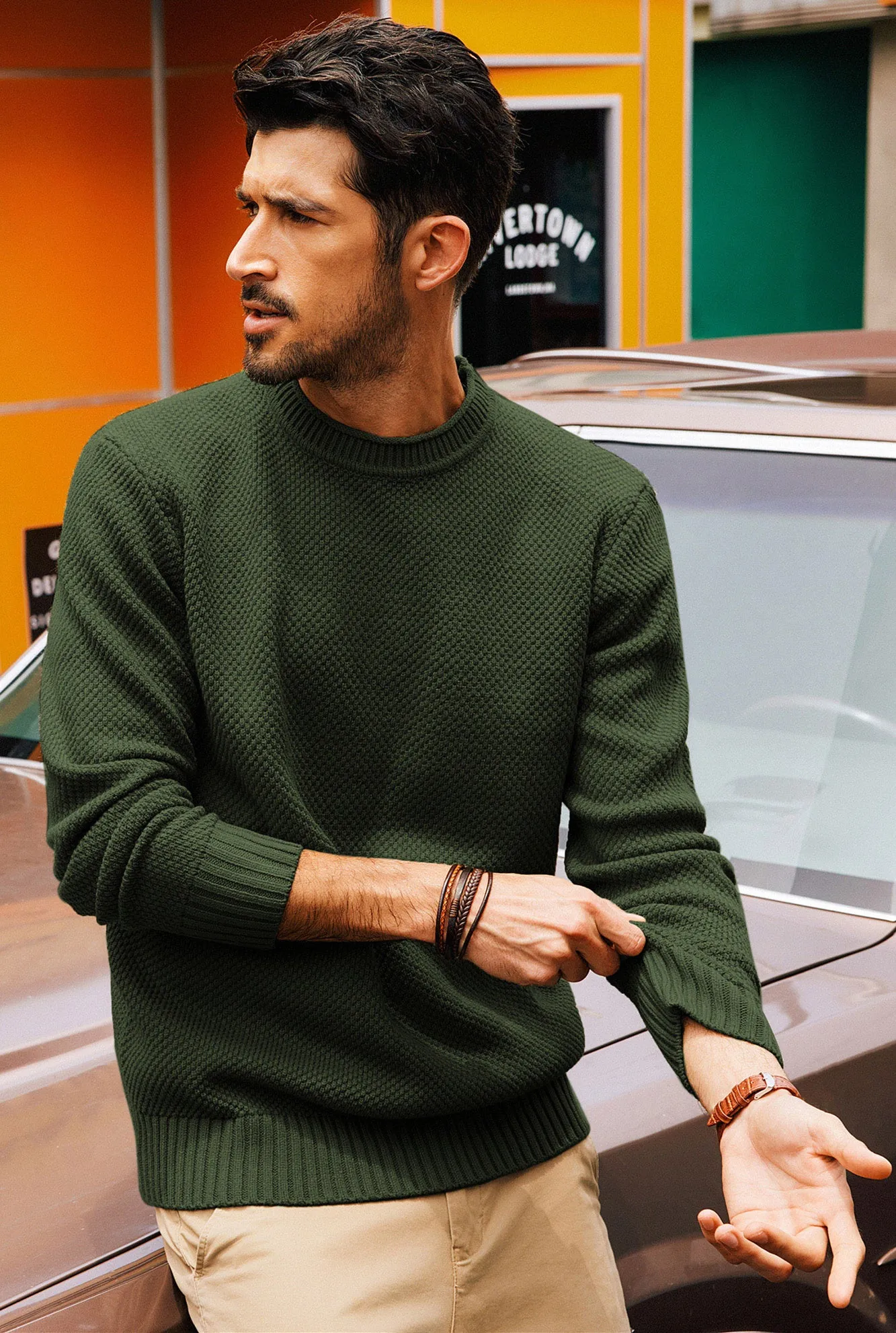 Men Textured Sweater Long Sleeve Crew Neck Ribbed Cuff Pullover