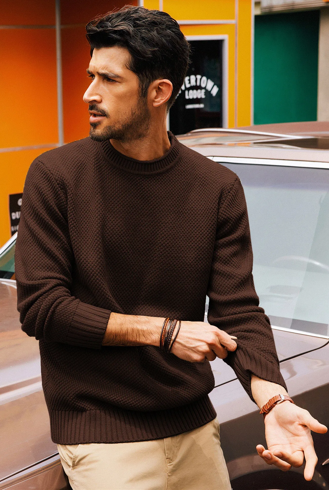 Men Textured Sweater Long Sleeve Crew Neck Ribbed Cuff Pullover