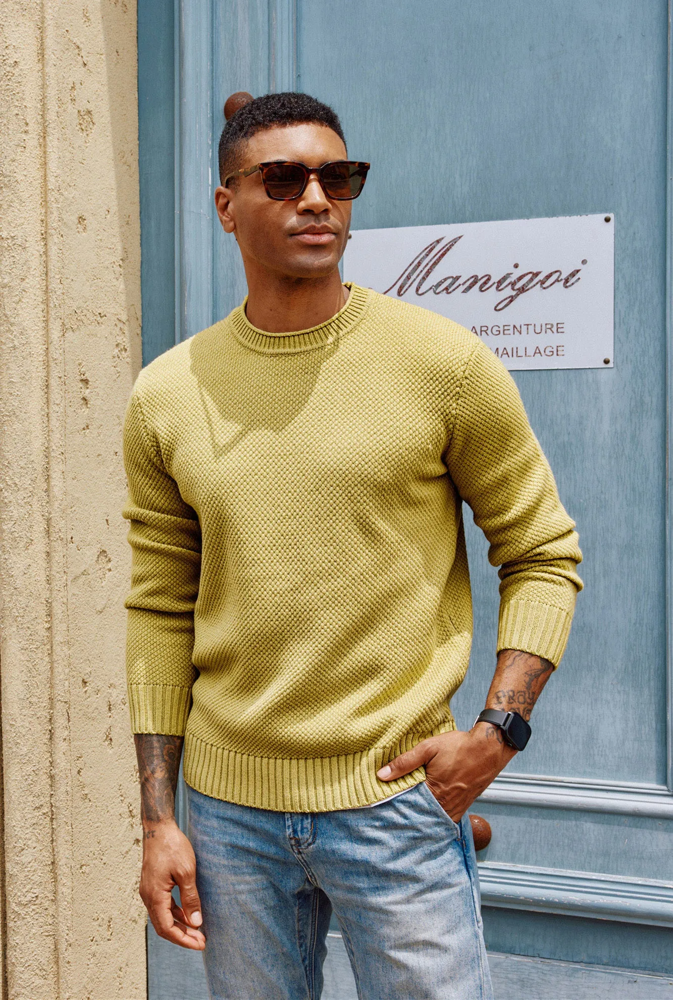 Men Textured Sweater Long Sleeve Crew Neck Ribbed Cuff Pullover