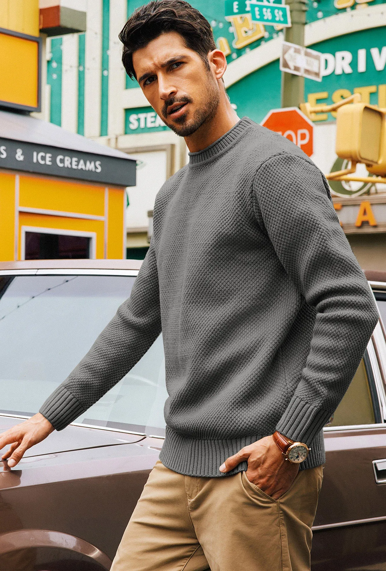 Men Textured Sweater Long Sleeve Crew Neck Ribbed Cuff Pullover