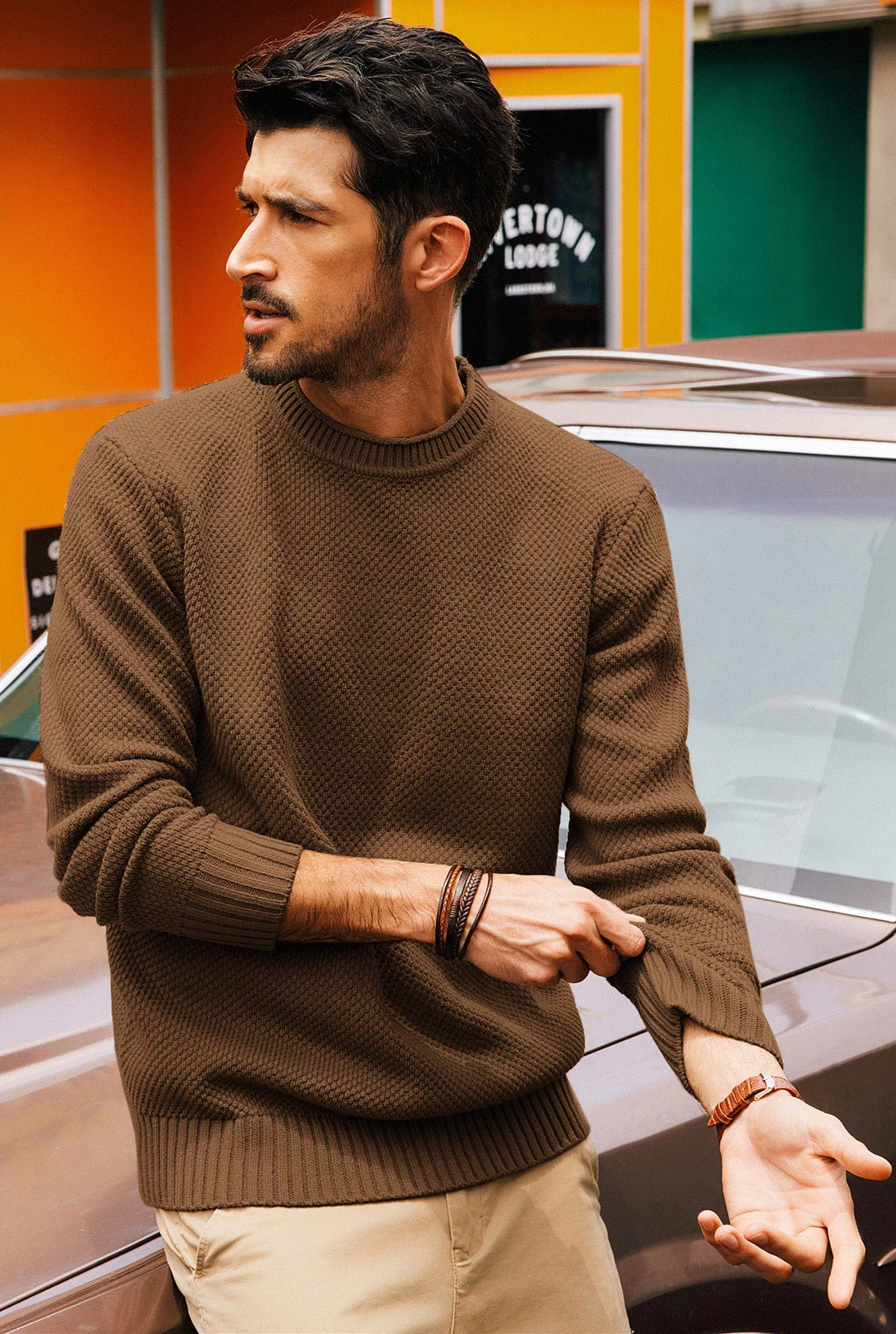 Men Textured Sweater Long Sleeve Crew Neck Ribbed Cuff Pullover