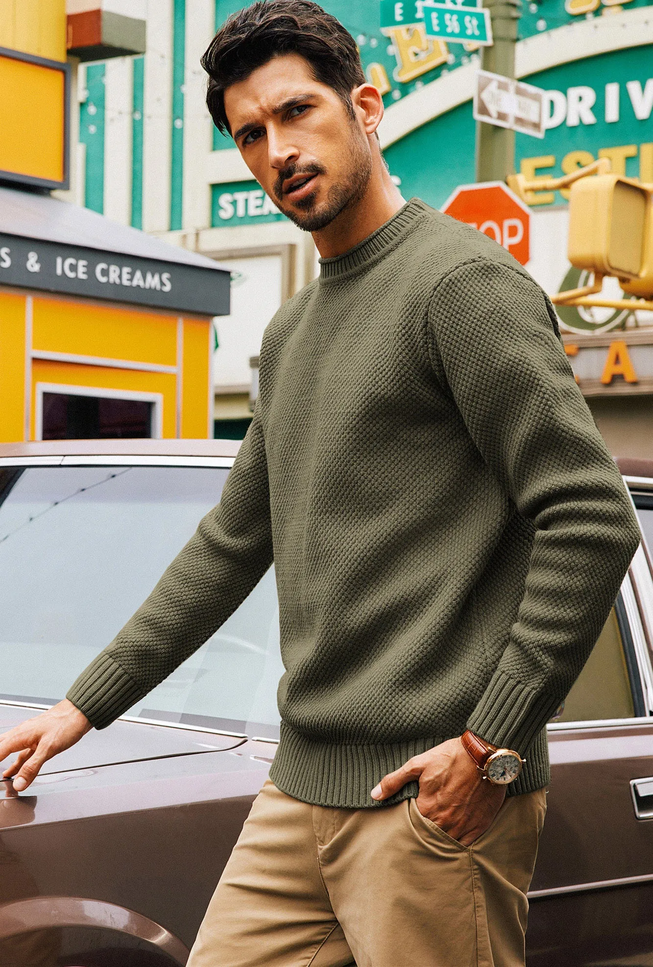 Men Textured Sweater Long Sleeve Crew Neck Ribbed Cuff Pullover