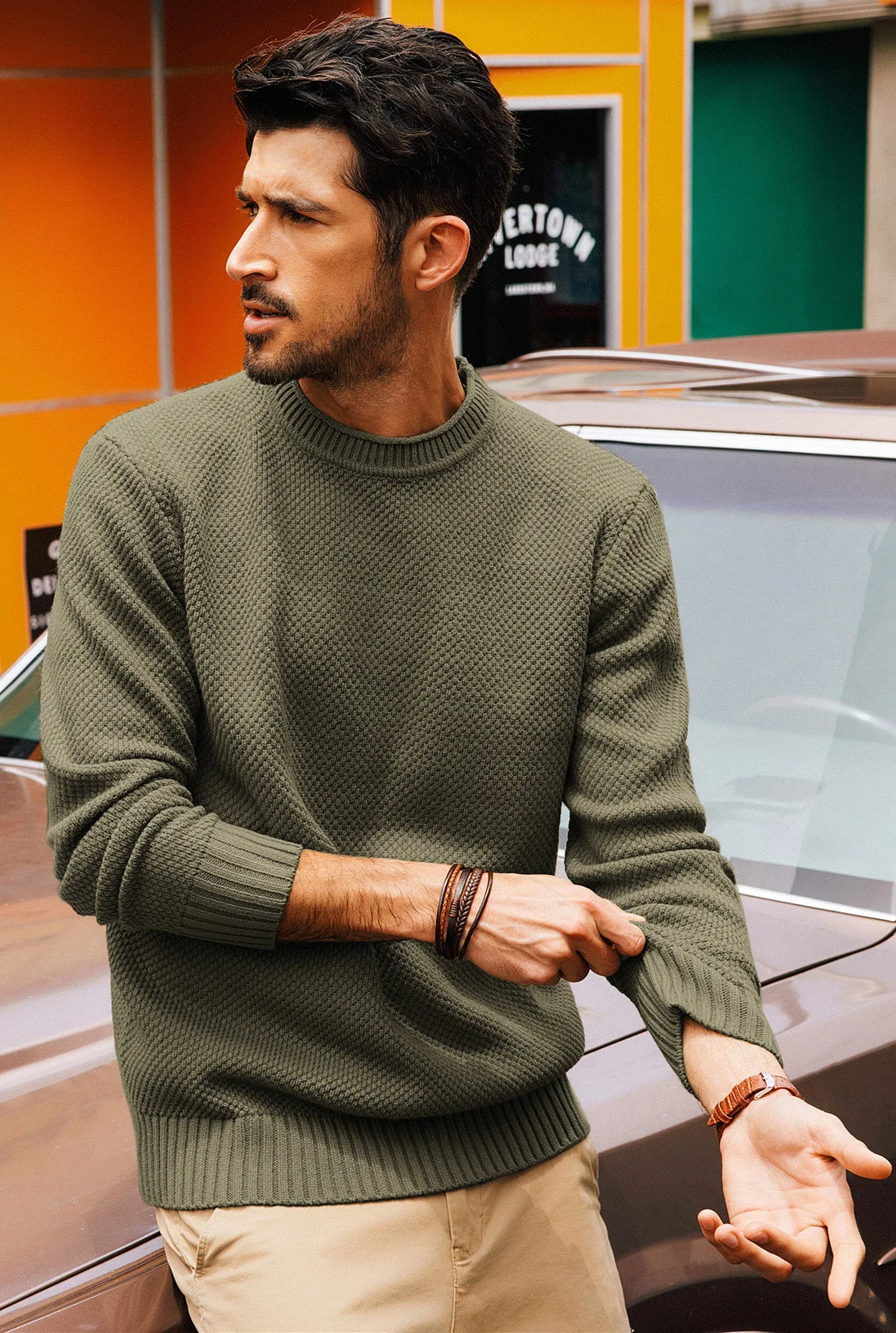 Men Textured Sweater Long Sleeve Crew Neck Ribbed Cuff Pullover