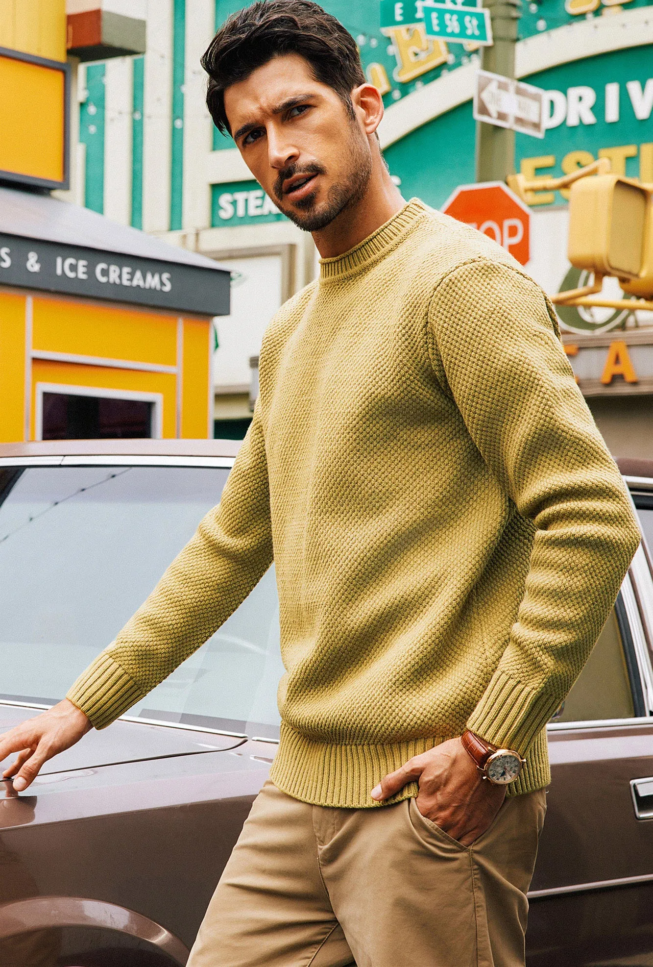 Men Textured Sweater Long Sleeve Crew Neck Ribbed Cuff Pullover