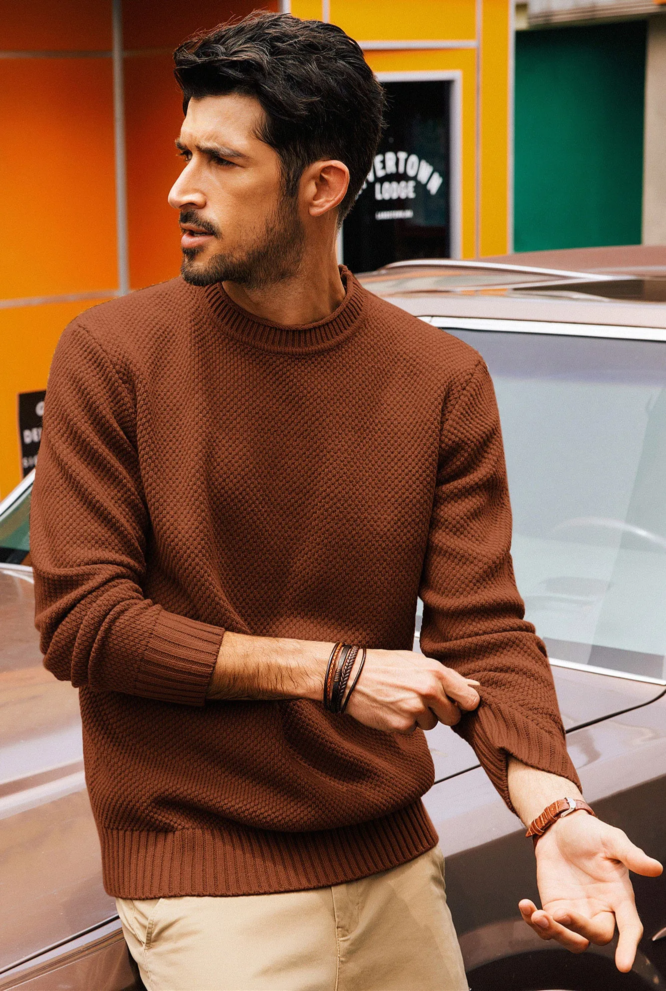 Men Textured Sweater Long Sleeve Crew Neck Ribbed Cuff Pullover