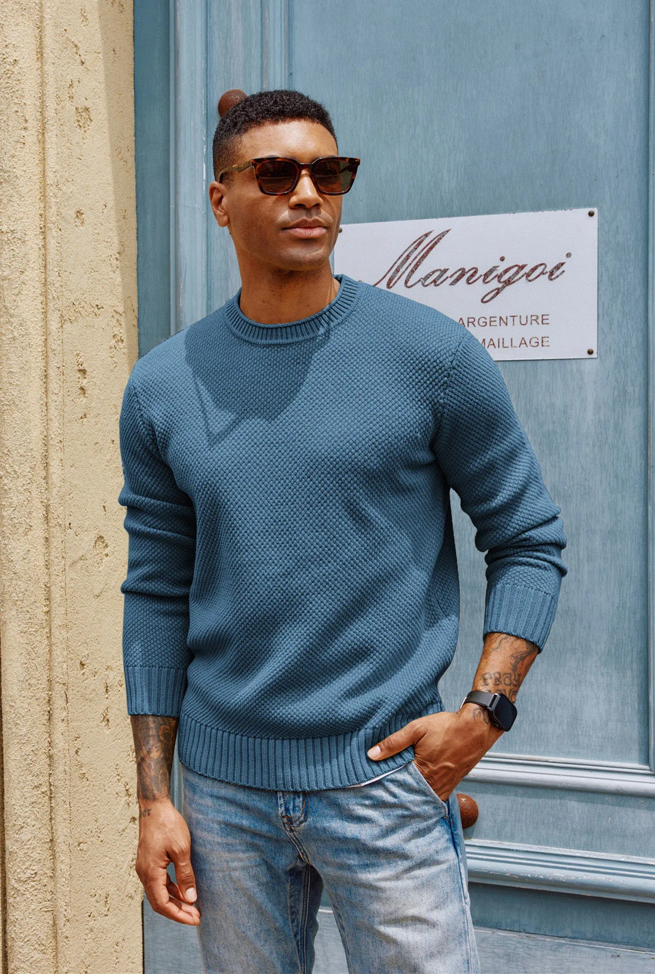 Men Textured Sweater Long Sleeve Crew Neck Ribbed Cuff Pullover