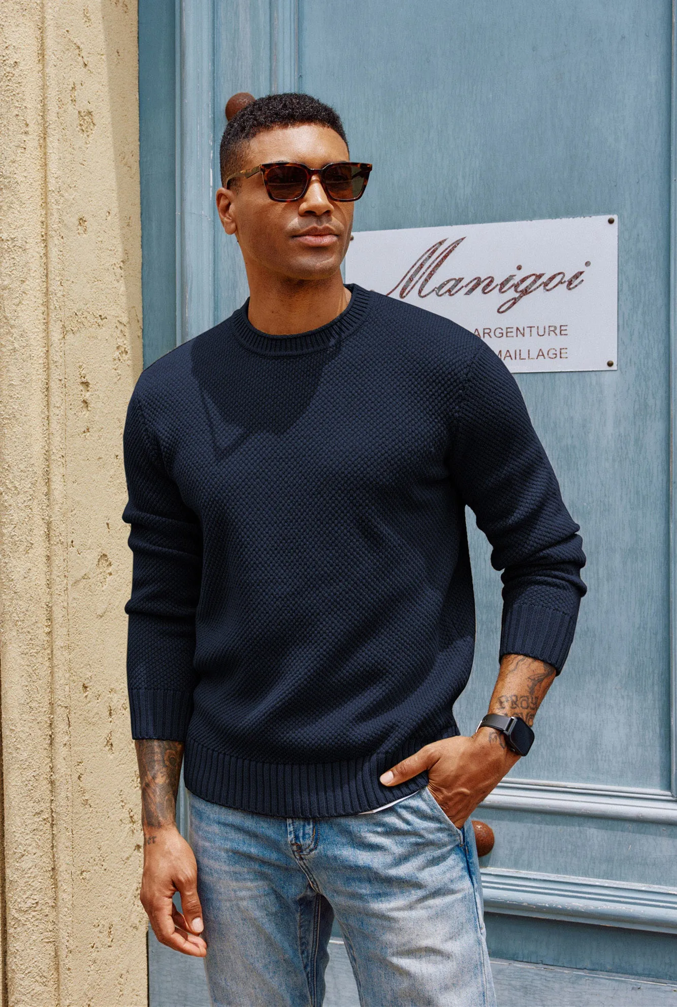 Men Textured Sweater Long Sleeve Crew Neck Ribbed Cuff Pullover