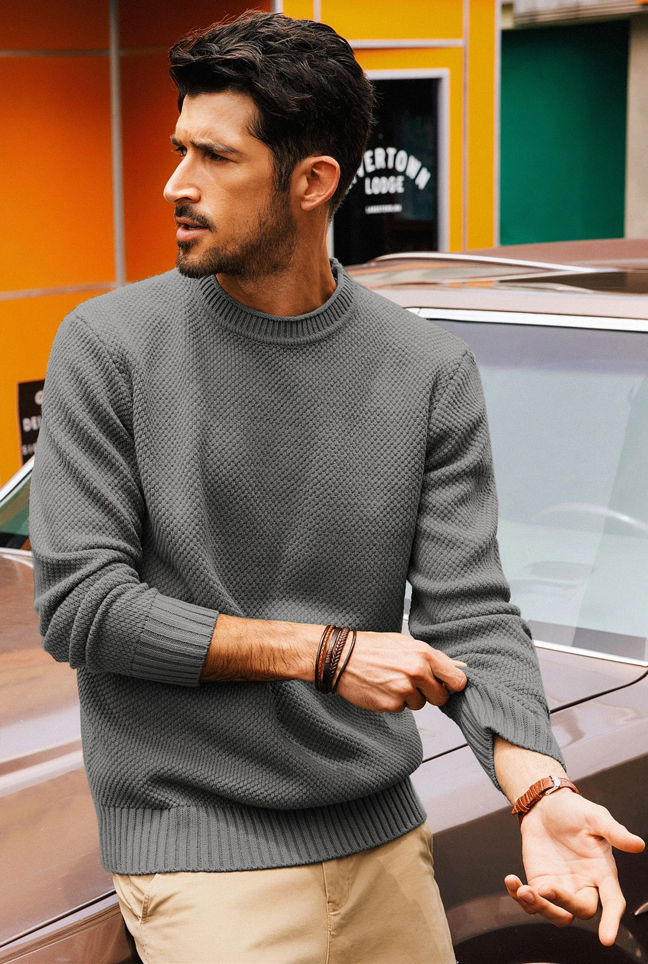 Men Textured Sweater Long Sleeve Crew Neck Ribbed Cuff Pullover