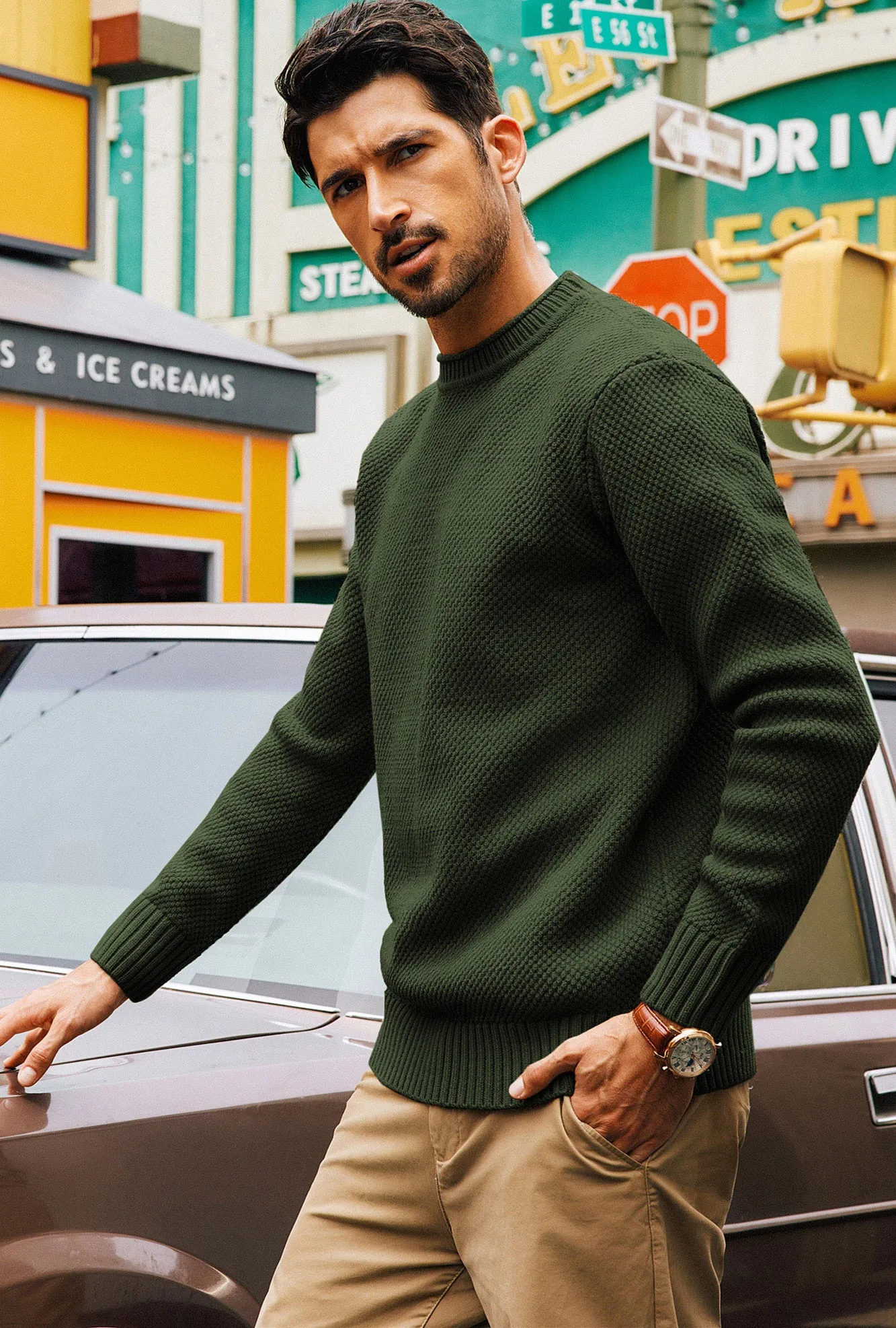 Men Textured Sweater Long Sleeve Crew Neck Ribbed Cuff Pullover