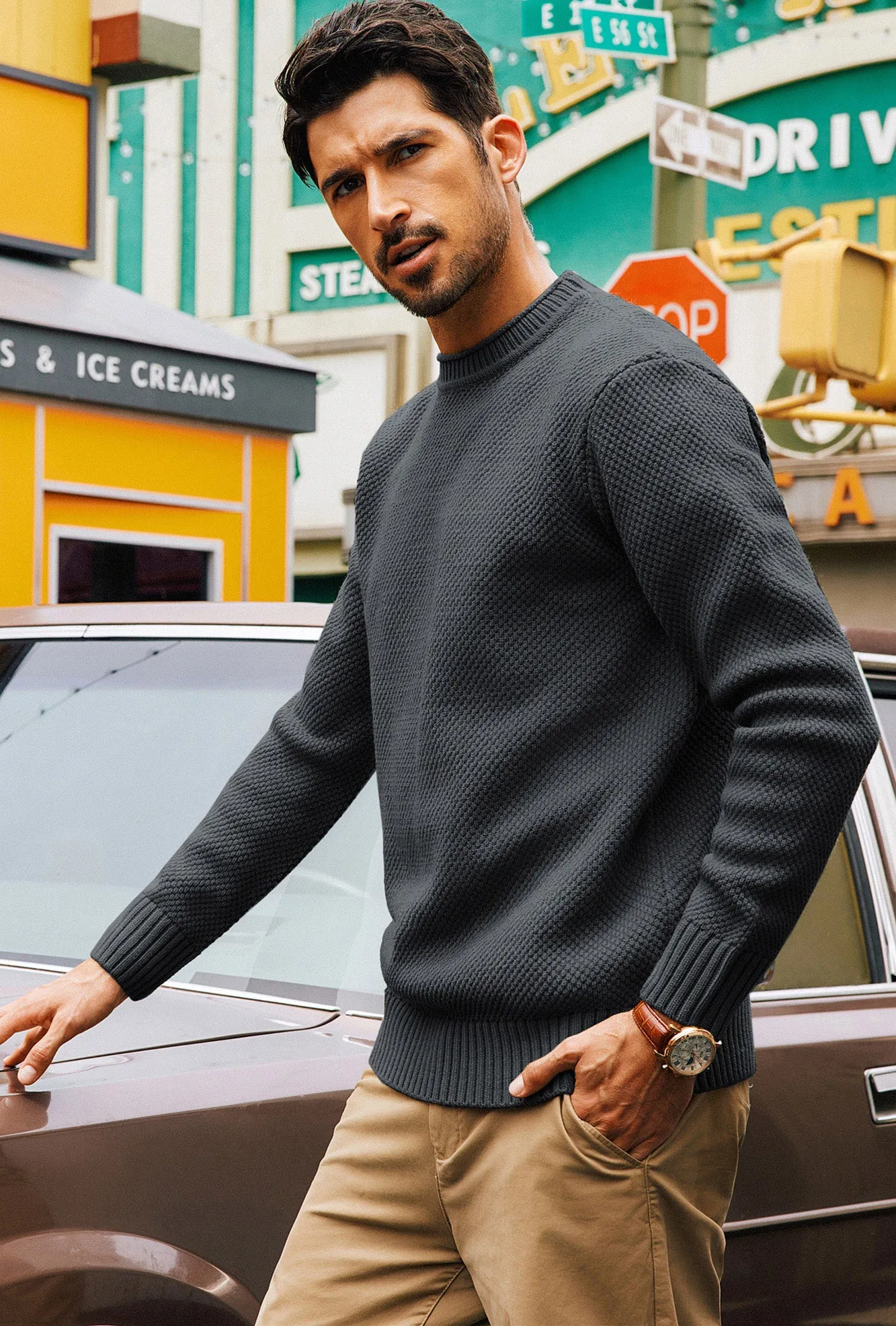 Men Textured Sweater Long Sleeve Crew Neck Ribbed Cuff Pullover