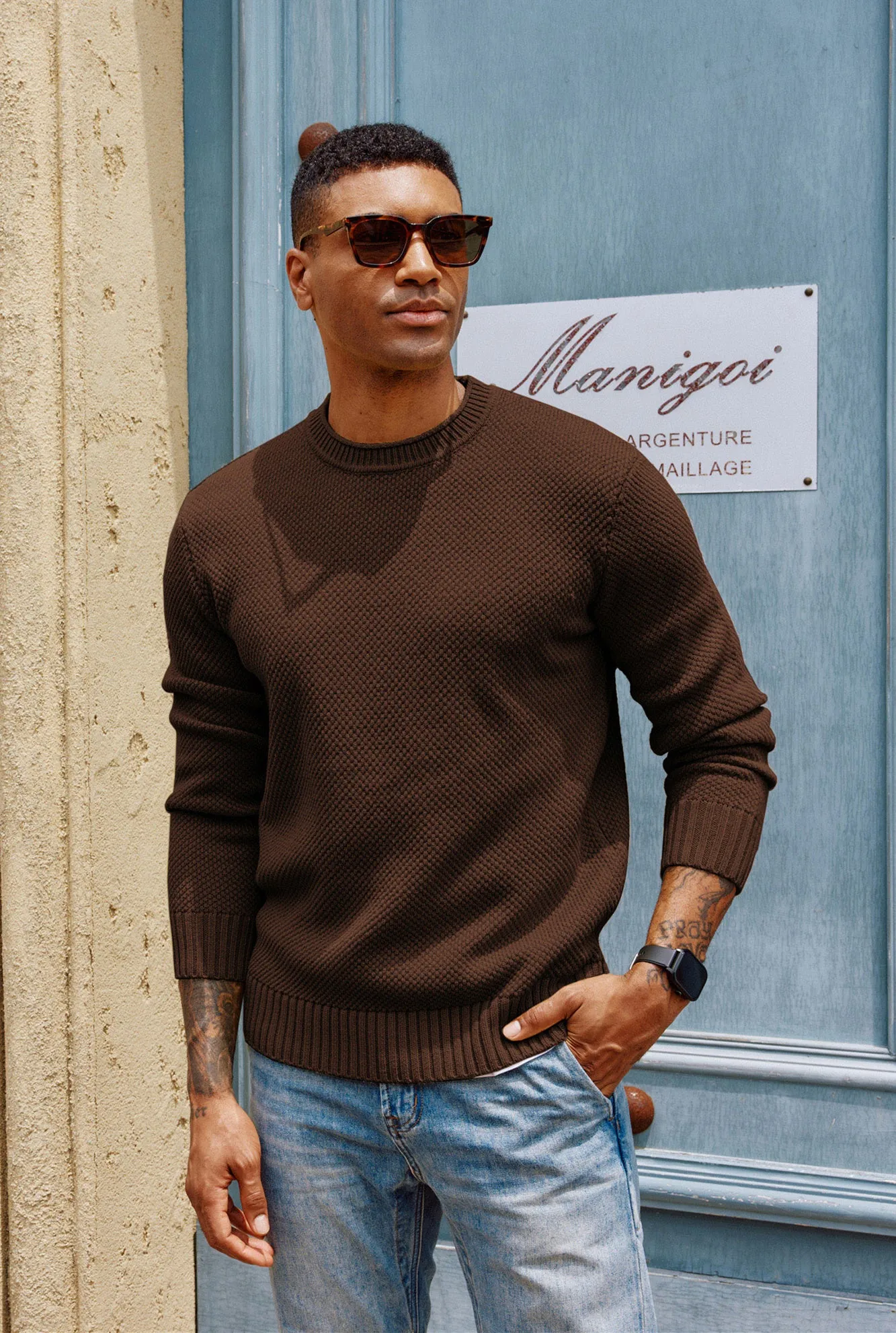 Men Textured Sweater Long Sleeve Crew Neck Ribbed Cuff Pullover