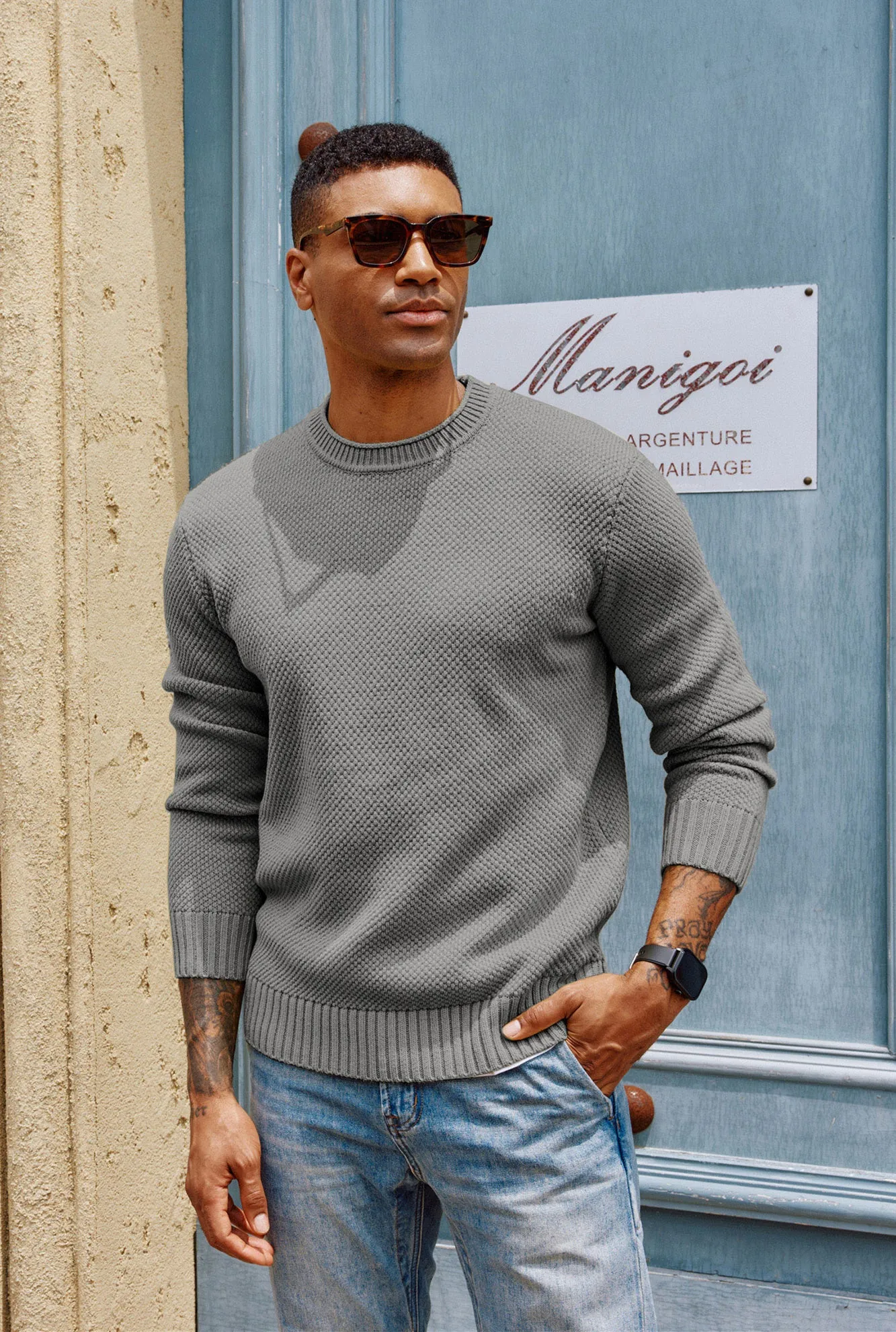 Men Textured Sweater Long Sleeve Crew Neck Ribbed Cuff Pullover