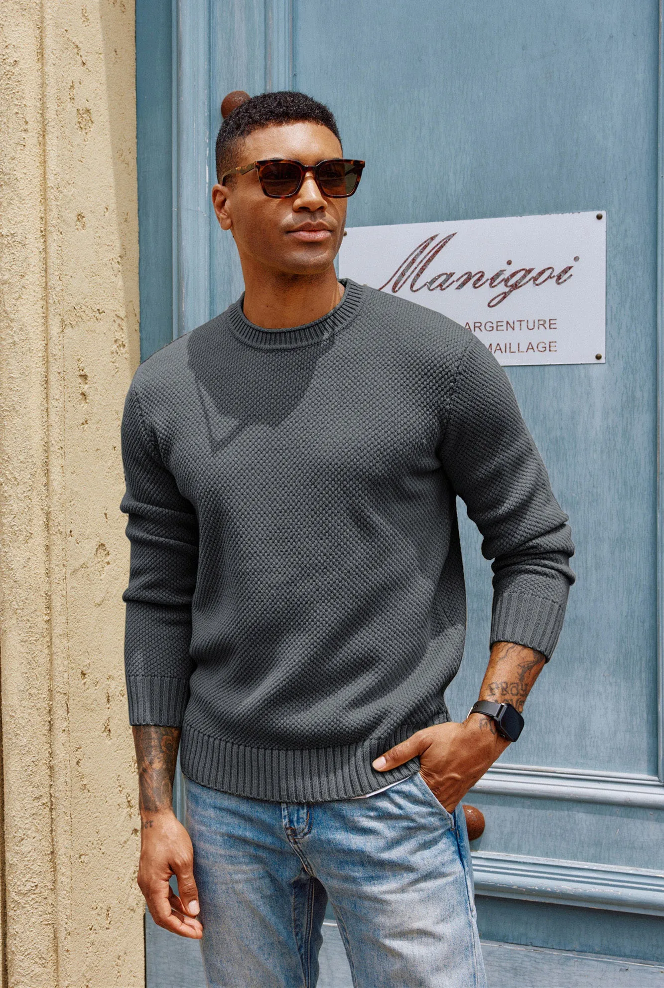 Men Textured Sweater Long Sleeve Crew Neck Ribbed Cuff Pullover