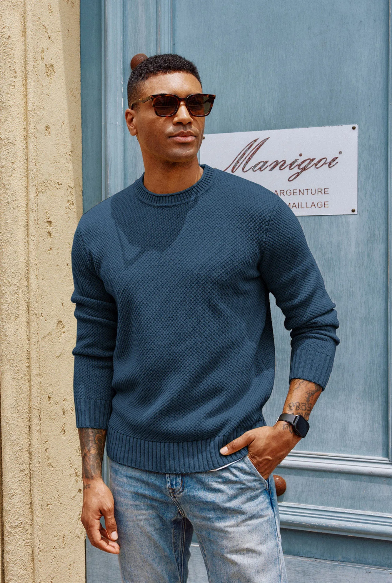 Men Textured Sweater Long Sleeve Crew Neck Ribbed Cuff Pullover