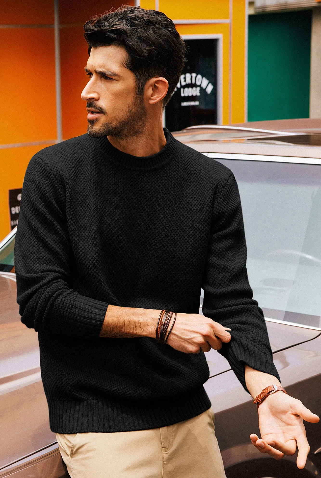 Men Textured Sweater Long Sleeve Crew Neck Ribbed Cuff Pullover