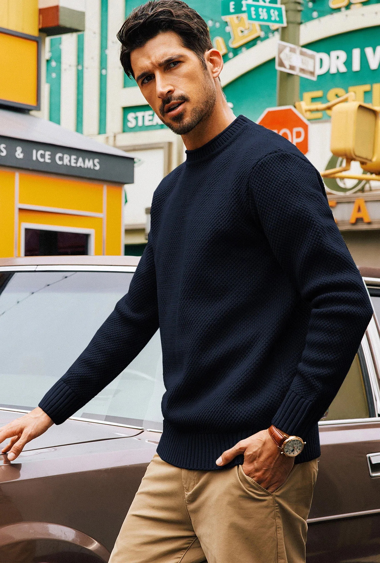 Men Textured Sweater Long Sleeve Crew Neck Ribbed Cuff Pullover