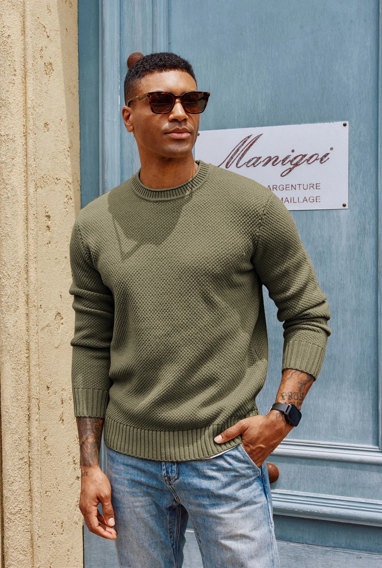 Men Textured Sweater Long Sleeve Crew Neck Ribbed Cuff Pullover